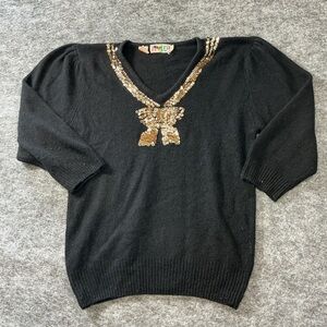 Vintage Heidi Sequin Bow Knit Sweater Black 80s Glam Holiday Top Size M